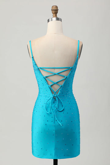Blue Bodycon Cut Out Short Prom Dress with Beading
